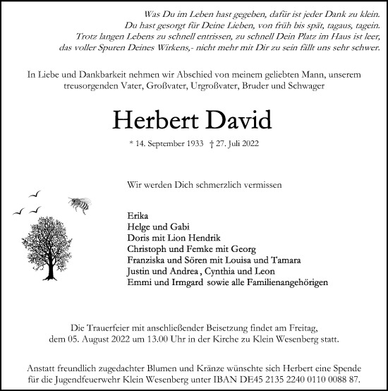 Traueranzeige von Herbert David von Lübecker Nachrichten