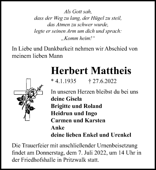 Traueranzeige von Herbert Mattheis von Märkischen Allgemeine Zeitung