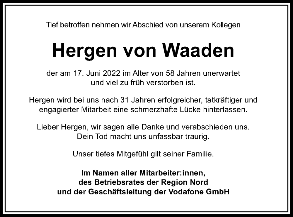  Traueranzeige für Hergen von Waaden vom 30.07.2022 aus Hannoversche Allgemeine Zeitung/Neue Presse