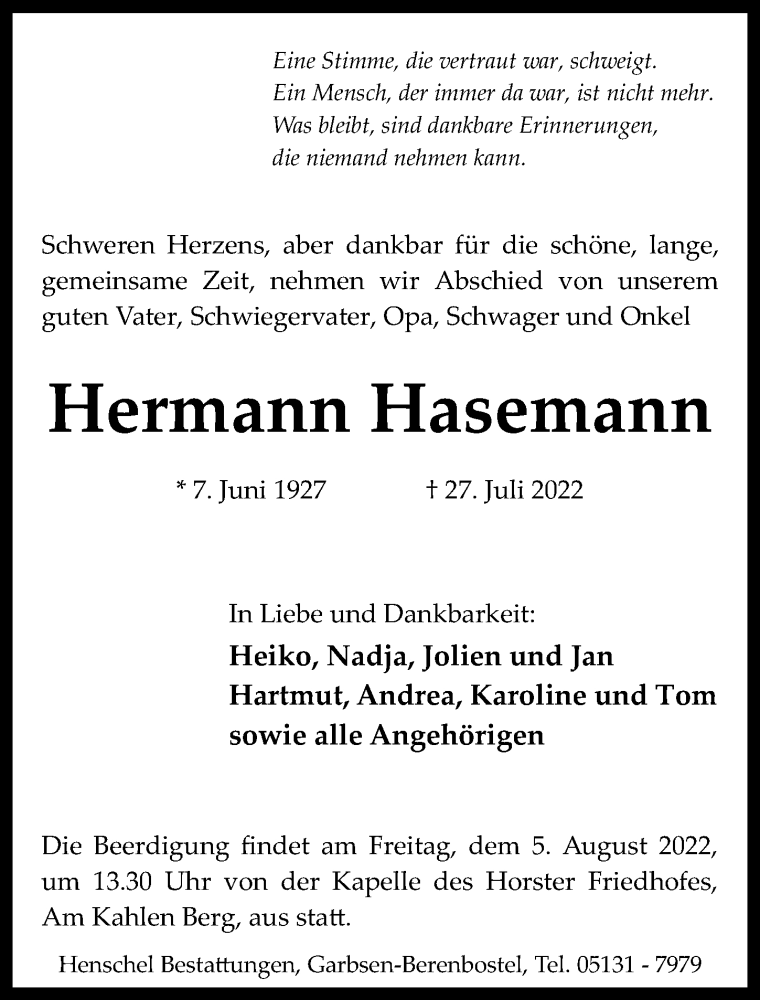  Traueranzeige für Hermann Hasemann vom 30.07.2022 aus Hannoversche Allgemeine Zeitung/Neue Presse
