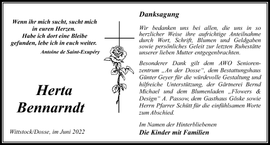 Traueranzeige von Herta Bennarnd von Märkischen Allgemeine Zeitung