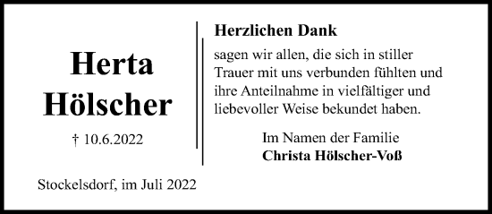 Traueranzeige von Herta Hölscher von Lübecker Nachrichten