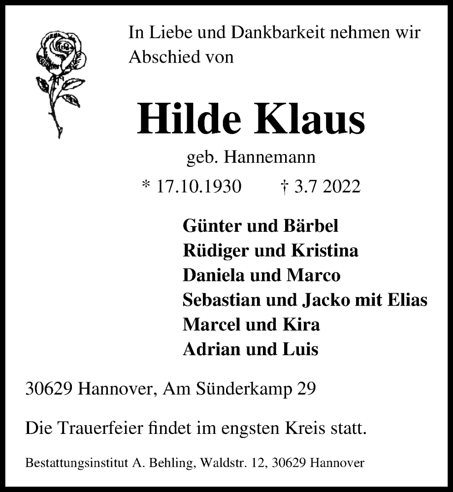  Traueranzeige für Hilde Klaus vom 09.07.2022 aus Hannoversche Allgemeine Zeitung/Neue Presse