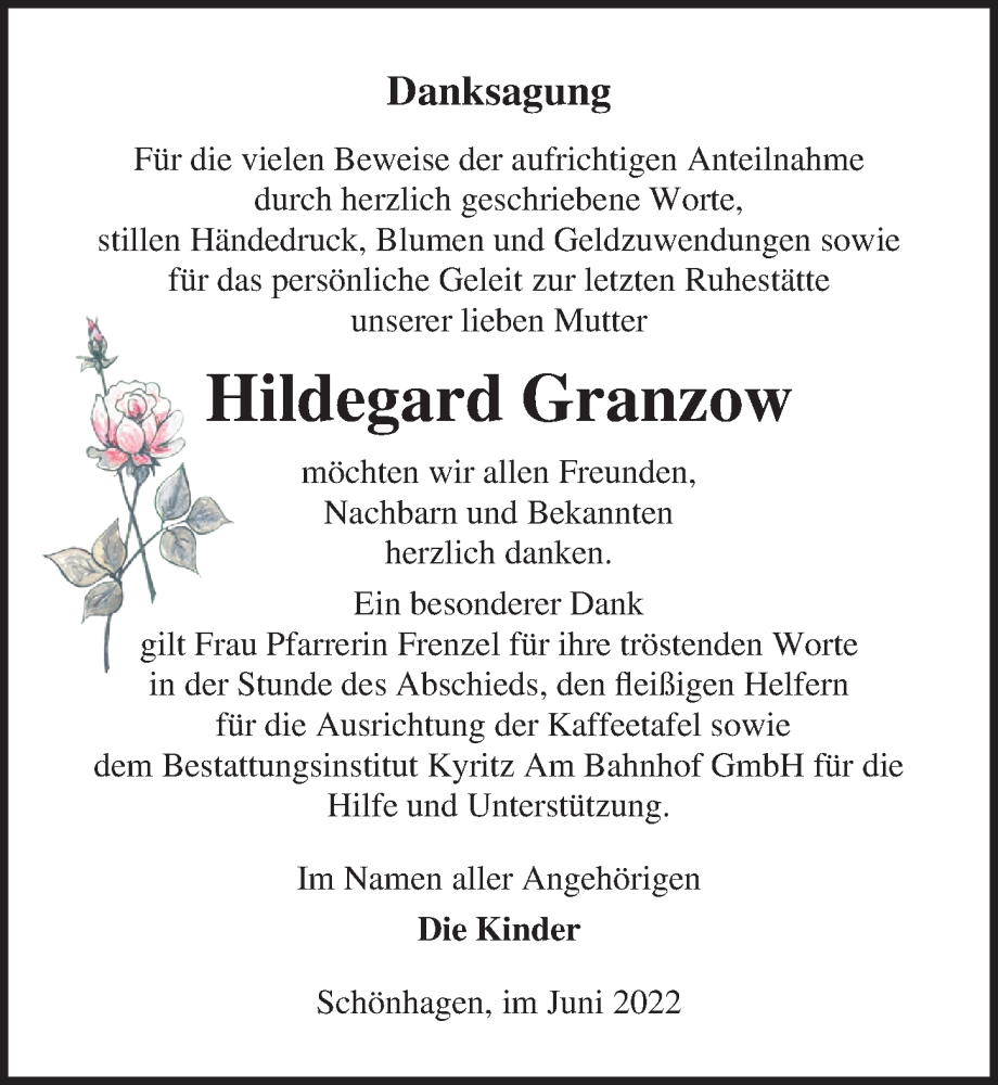  Traueranzeige für Hildegard Granzow vom 02.07.2022 aus Märkischen Allgemeine Zeitung