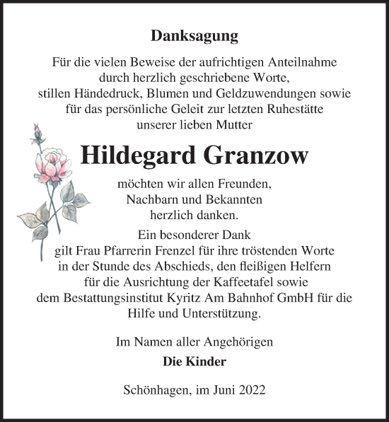 Traueranzeige von Hildegard Granzow von Märkischen Allgemeine Zeitung