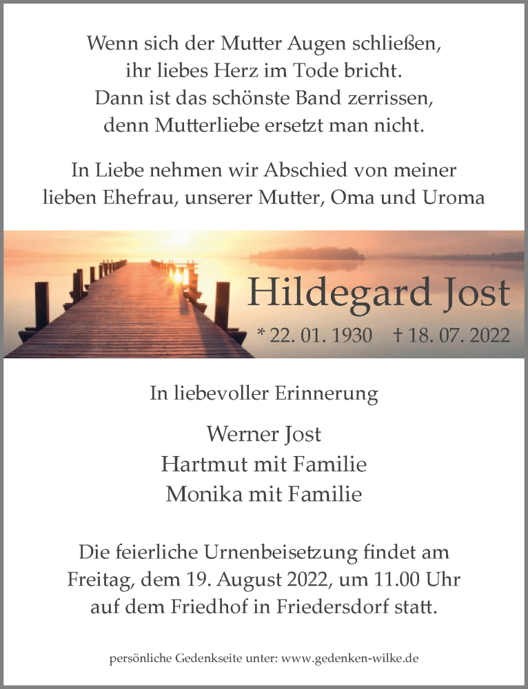  Traueranzeige für Hildegard Jost vom 30.07.2022 aus Märkischen Allgemeine Zeitung