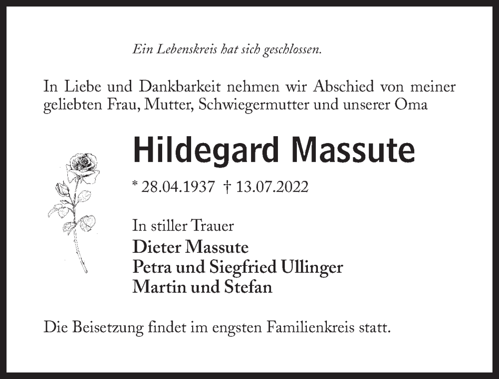  Traueranzeige für Hildegard Massute vom 23.07.2022 aus Märkischen Allgemeine Zeitung
