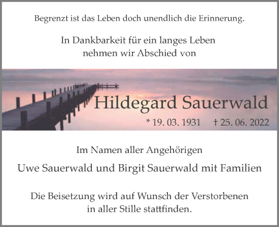 Traueranzeige von Hildegard Sauerwald von Märkischen Allgemeine Zeitung