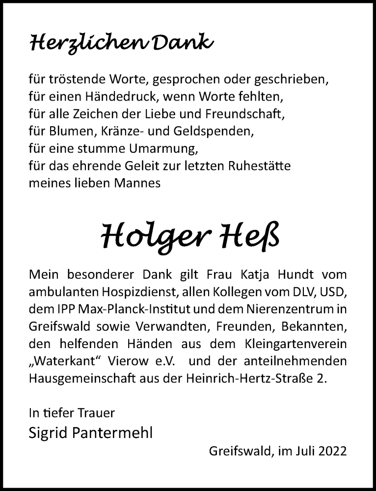  Traueranzeige für Holger Heß vom 16.07.2022 aus Ostsee-Zeitung GmbH