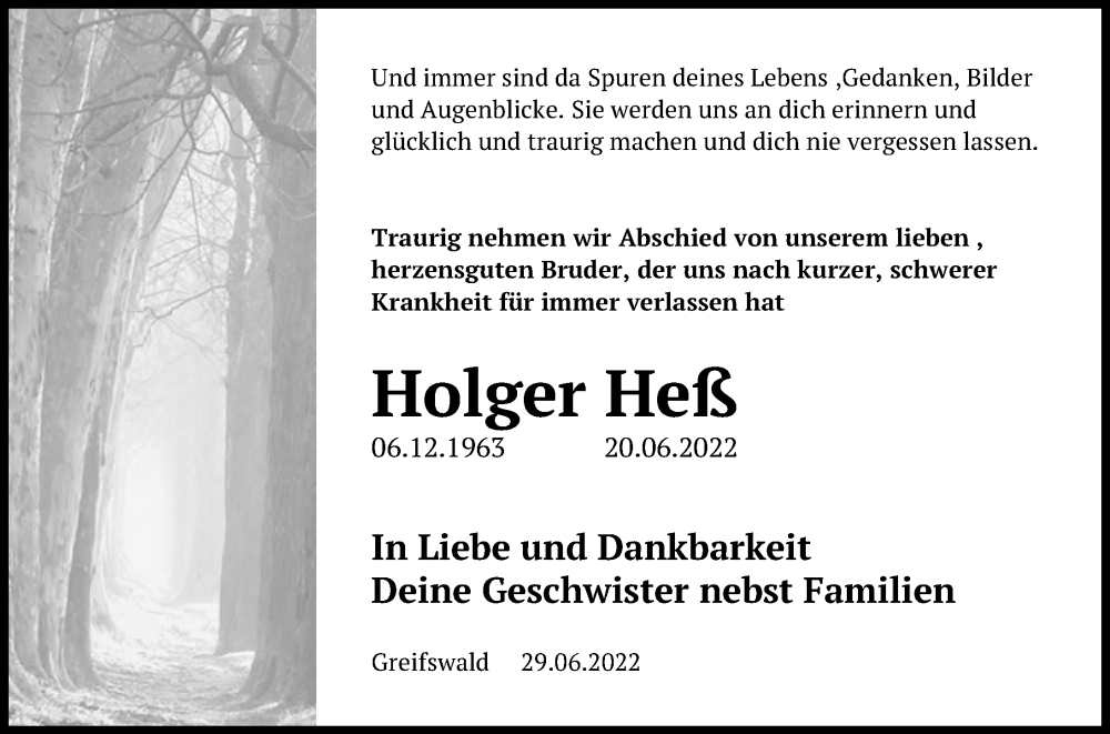  Traueranzeige für Holger Heß vom 02.07.2022 aus Ostsee-Zeitung GmbH