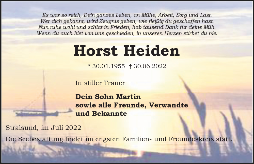  Traueranzeige für Horst Heiden vom 09.07.2022 aus Ostsee-Zeitung GmbH