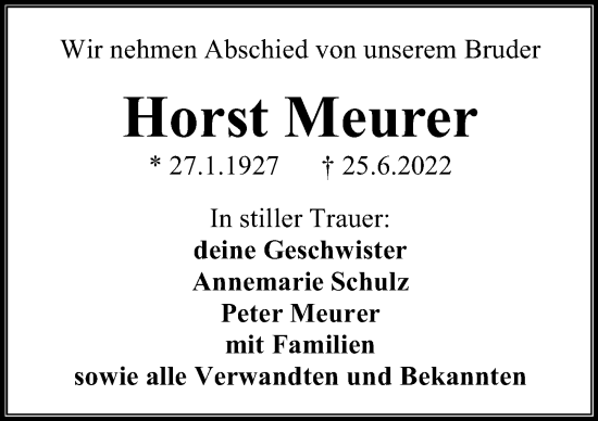 Traueranzeige von Horst Meurer von Ostsee-Zeitung GmbH