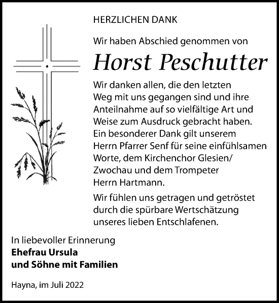 Traueranzeige von Horst Peschutter von Leipziger Volkszeitung