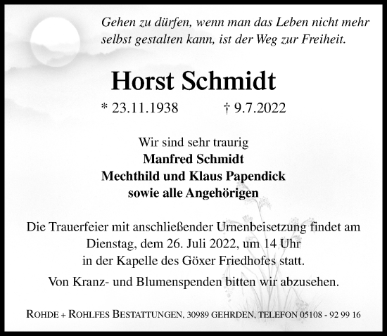 Traueranzeige von Horst Schmidt von Hannoversche Allgemeine Zeitung/Neue Presse