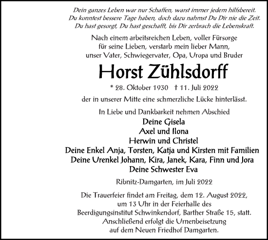 Traueranzeige von Horst Zühlsdorff von Ostsee-Zeitung GmbH