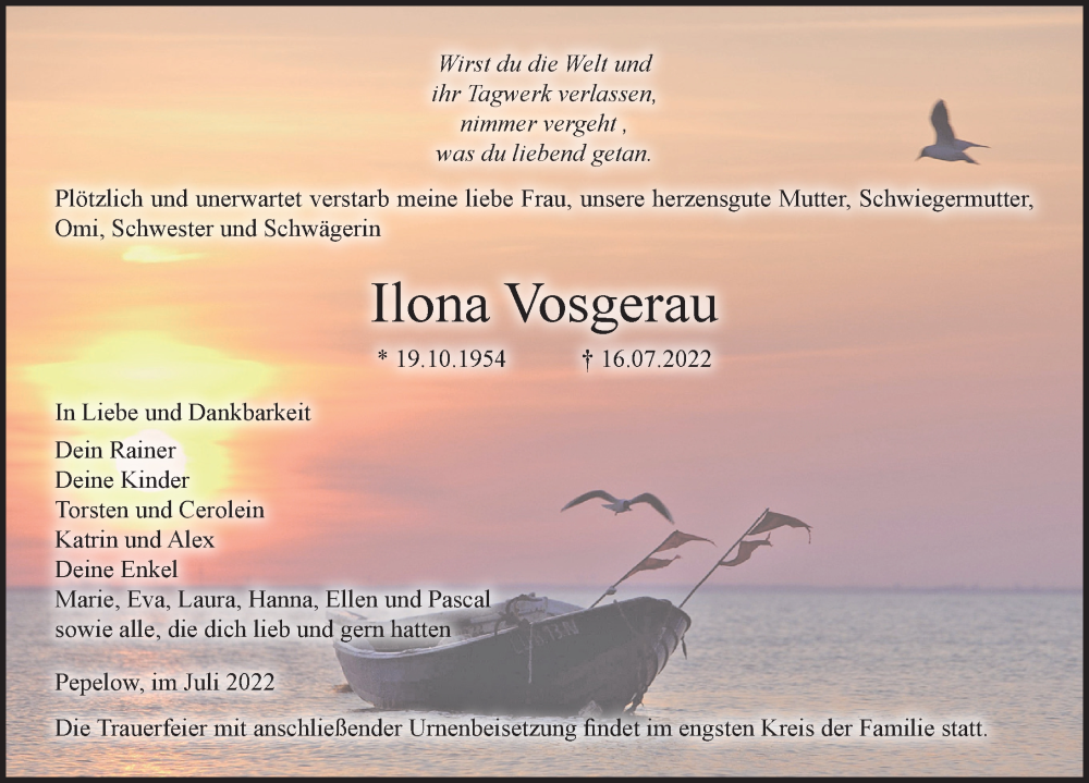  Traueranzeige für Ilona Vosgerau vom 23.07.2022 aus Ostsee-Zeitung GmbH