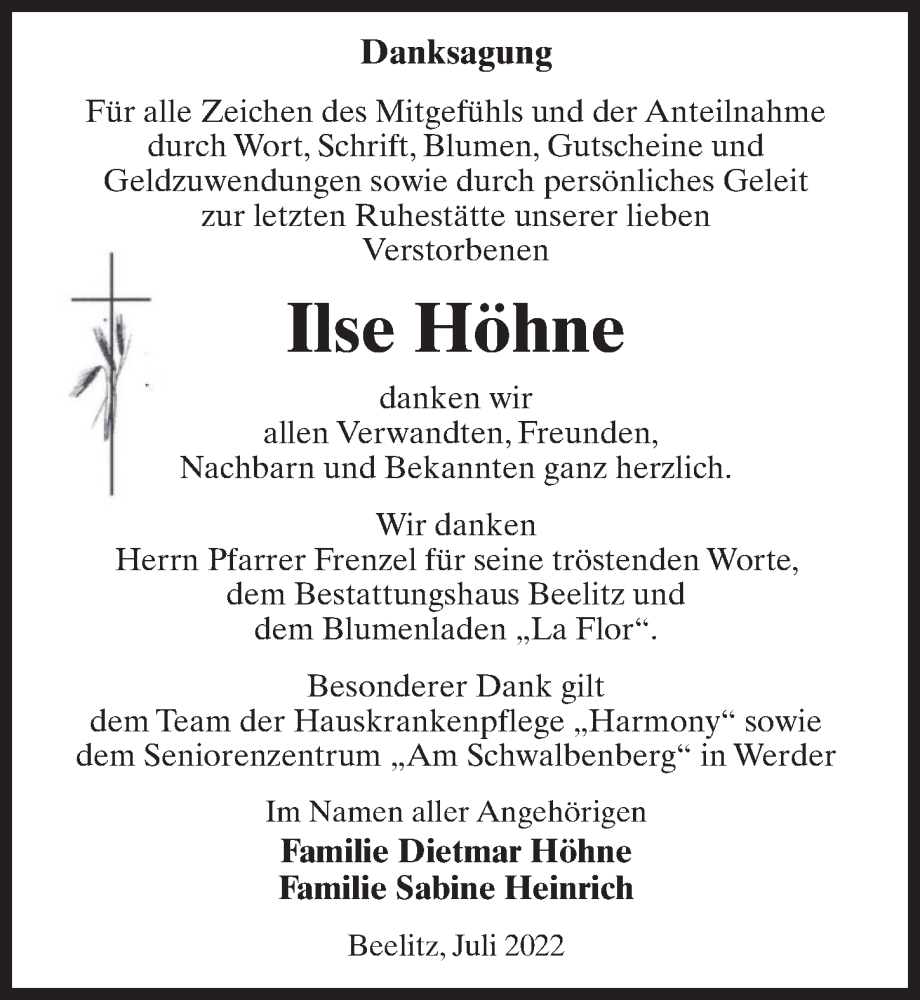  Traueranzeige für Ilse Höhne vom 09.07.2022 aus Märkischen Allgemeine Zeitung