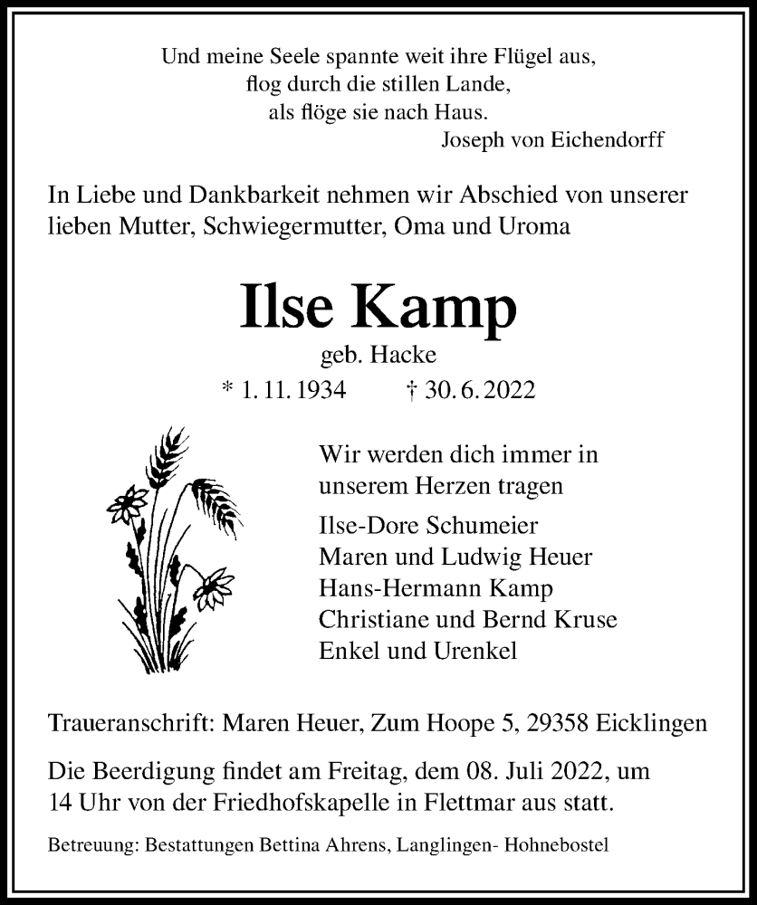  Traueranzeige für Ilse Kamp vom 05.07.2022 aus Aller Zeitung