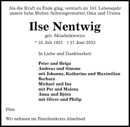 Traueranzeige von Ilse Nentwig von Kieler Nachrichten