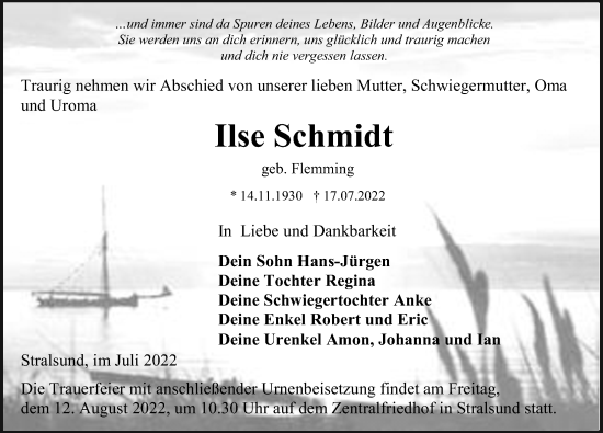 Traueranzeige von Ilse Schmidt von Ostsee-Zeitung GmbH