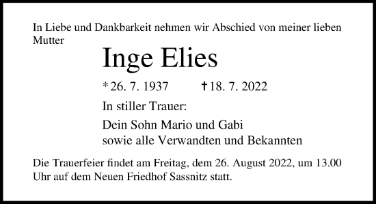 Traueranzeige von Inge Elies von Ostsee-Zeitung GmbH