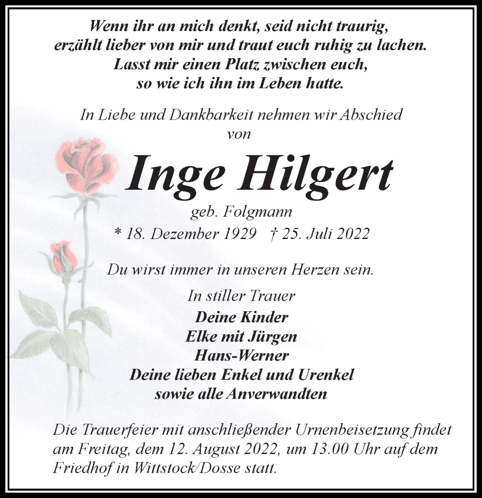  Traueranzeige für Inge Hilgert vom 30.07.2022 aus Märkischen Allgemeine Zeitung