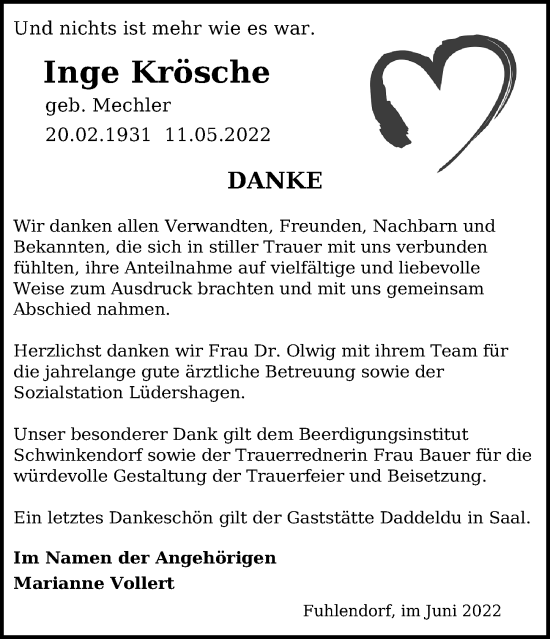 Traueranzeige von Inge Krösche von Ostsee-Zeitung GmbH