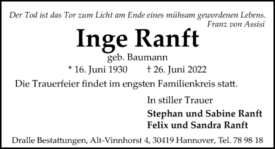 Traueranzeige von Inge Ranft von Hannoversche Allgemeine Zeitung/Neue Presse