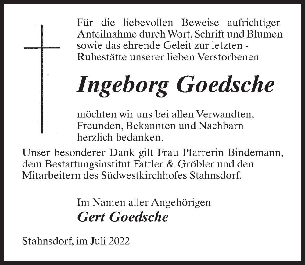  Traueranzeige für Ingeborg Goedsche vom 16.07.2022 aus Märkischen Allgemeine Zeitung