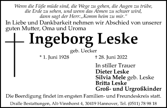 Traueranzeige von Ingeborg Leske von Hannoversche Allgemeine Zeitung/Neue Presse