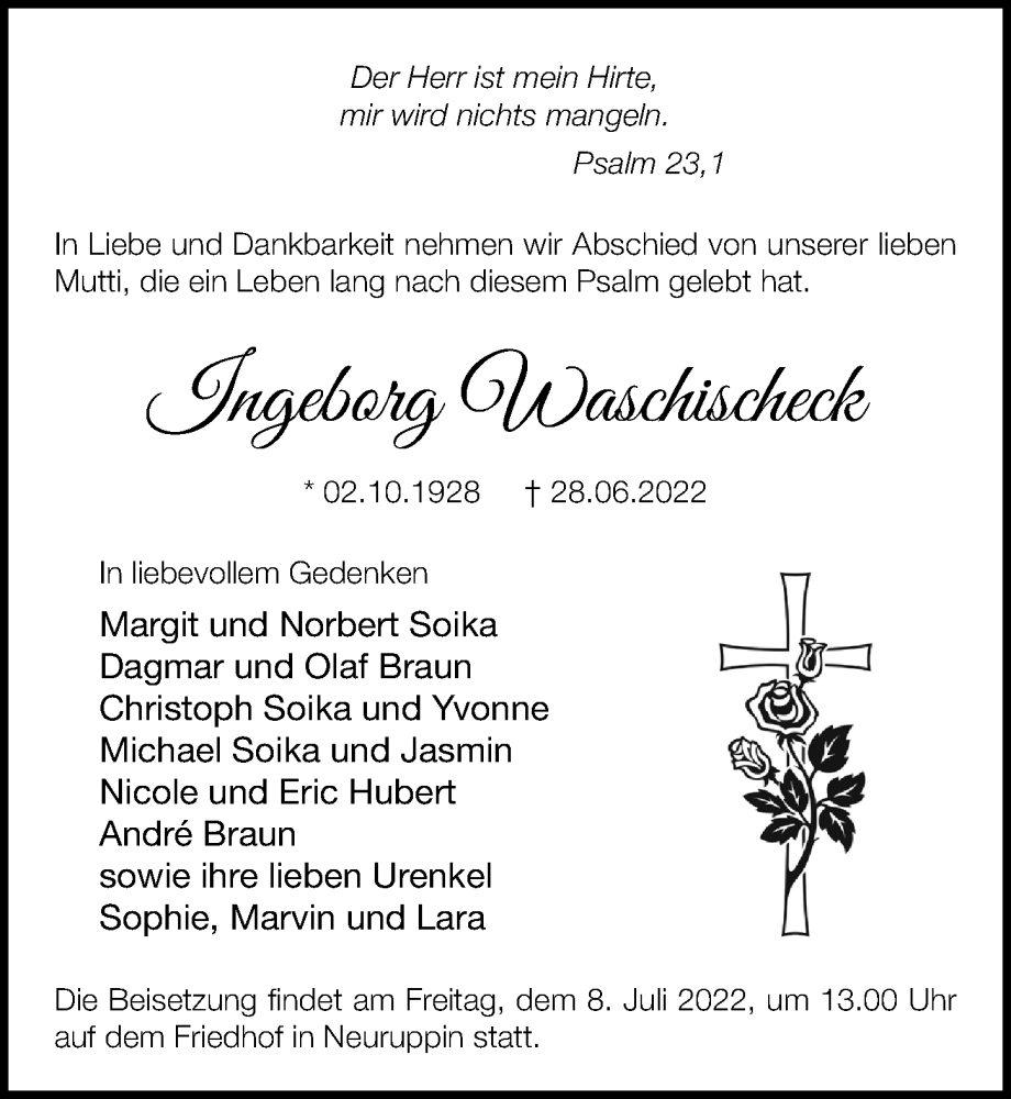  Traueranzeige für Ingeborg Waschischeck vom 02.07.2022 aus Märkischen Allgemeine Zeitung