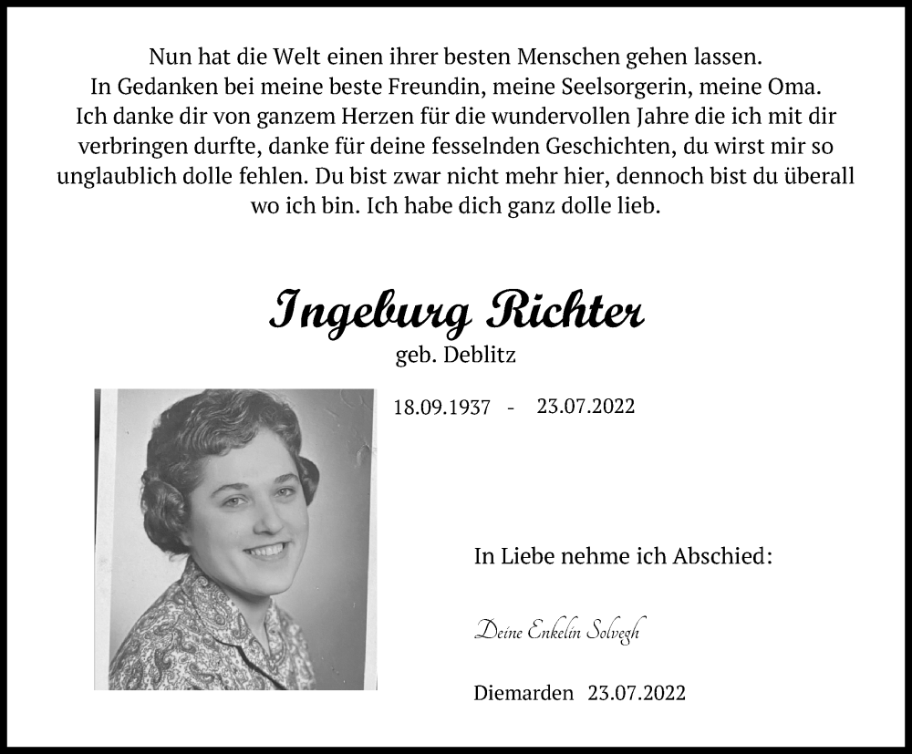  Traueranzeige für Ingeburg Richter vom 26.07.2022 aus Göttinger Tageblatt