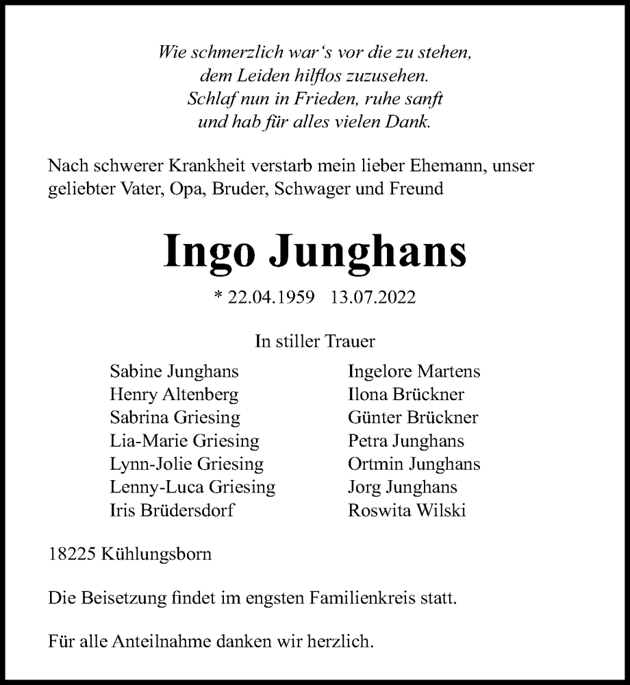 Traueranzeigen von Ingo Junghans trauer anzeigen.de