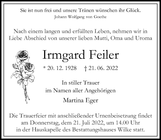 Traueranzeige von Irmgard Feiler von Märkischen Allgemeine Zeitung