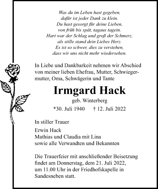 Traueranzeige von Irmgard Hack von Lübecker Nachrichten