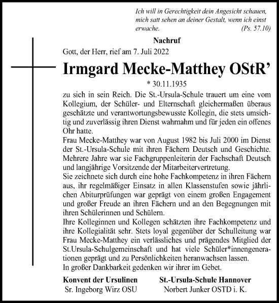 Traueranzeige von Irmgard Mecke-Matthey von Hannoversche Allgemeine Zeitung/Neue Presse