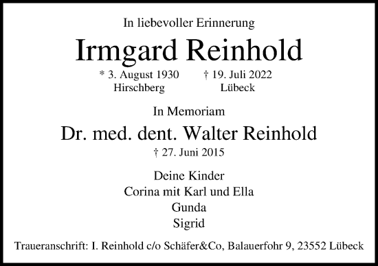 Traueranzeige von Irmgard Reinhold von Lübecker Nachrichten