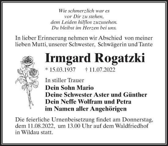 Traueranzeige von Irmgard Rogatzki von Märkischen Allgemeine Zeitung