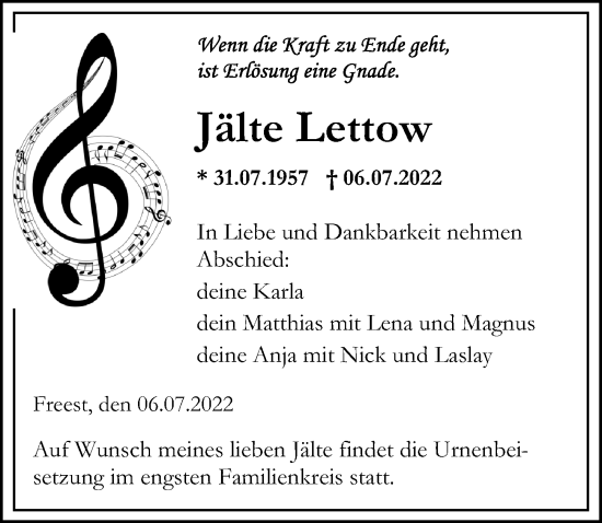 Traueranzeige von Jälte Lettow von Ostsee-Zeitung GmbH