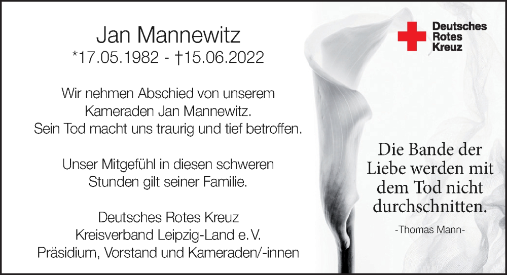  Traueranzeige für Jan Mannewitz vom 09.07.2022 aus Leipziger Volkszeitung