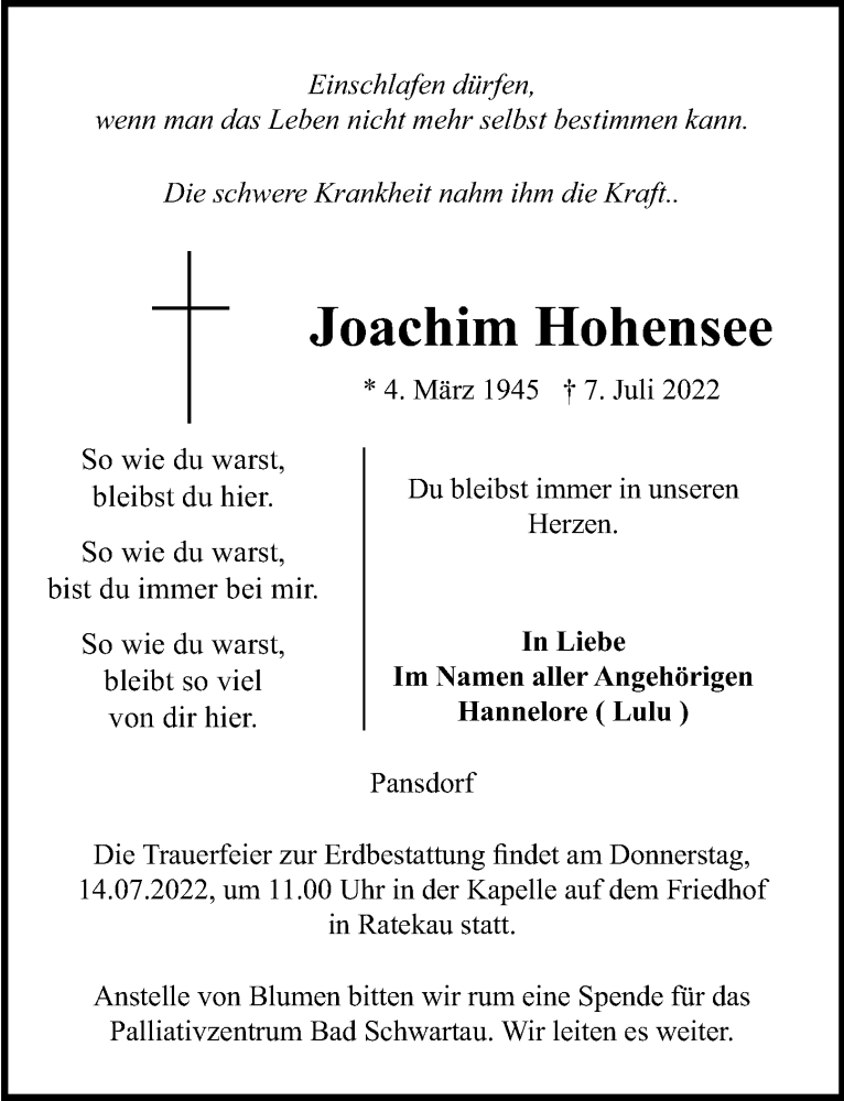  Traueranzeige für Joachim Hohensee vom 12.07.2022 aus Lübecker Nachrichten