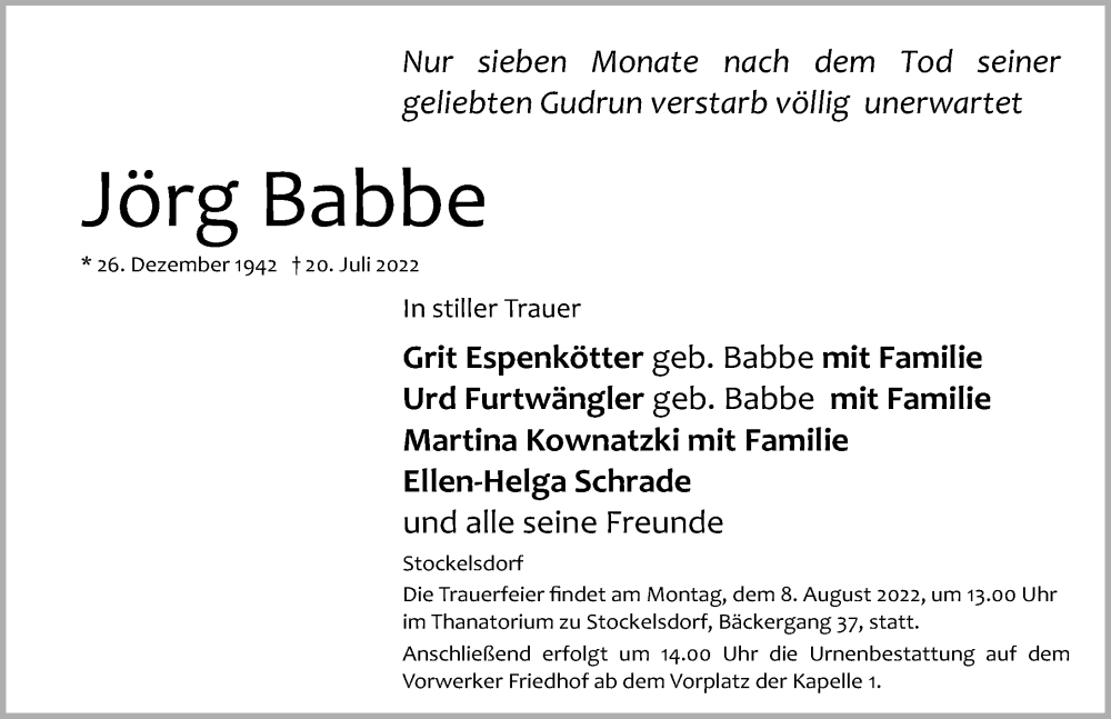  Traueranzeige für Jörg Babbe vom 31.07.2022 aus Lübecker Nachrichten