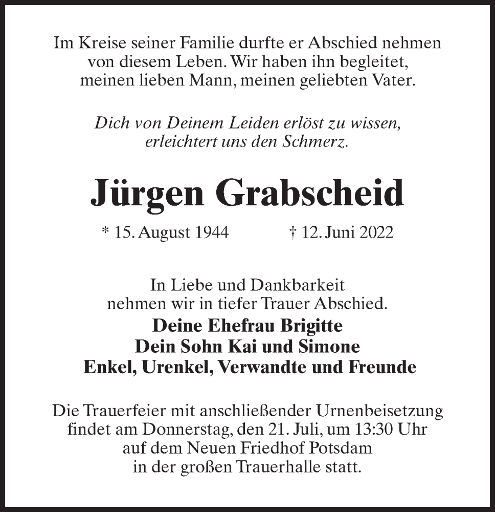 Traueranzeige für Jürgen Grabscheid vom 09.07.2022 aus Märkischen Allgemeine Zeitung
