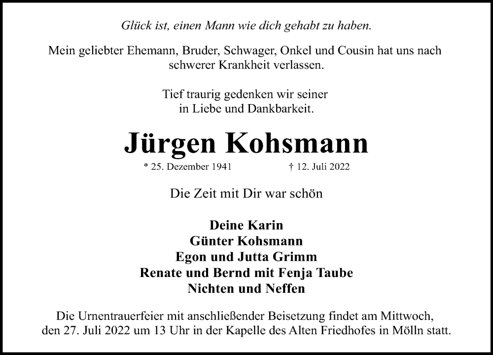  Traueranzeige für Jürgen Kohsmann vom 16.07.2022 aus Lübecker Nachrichten
