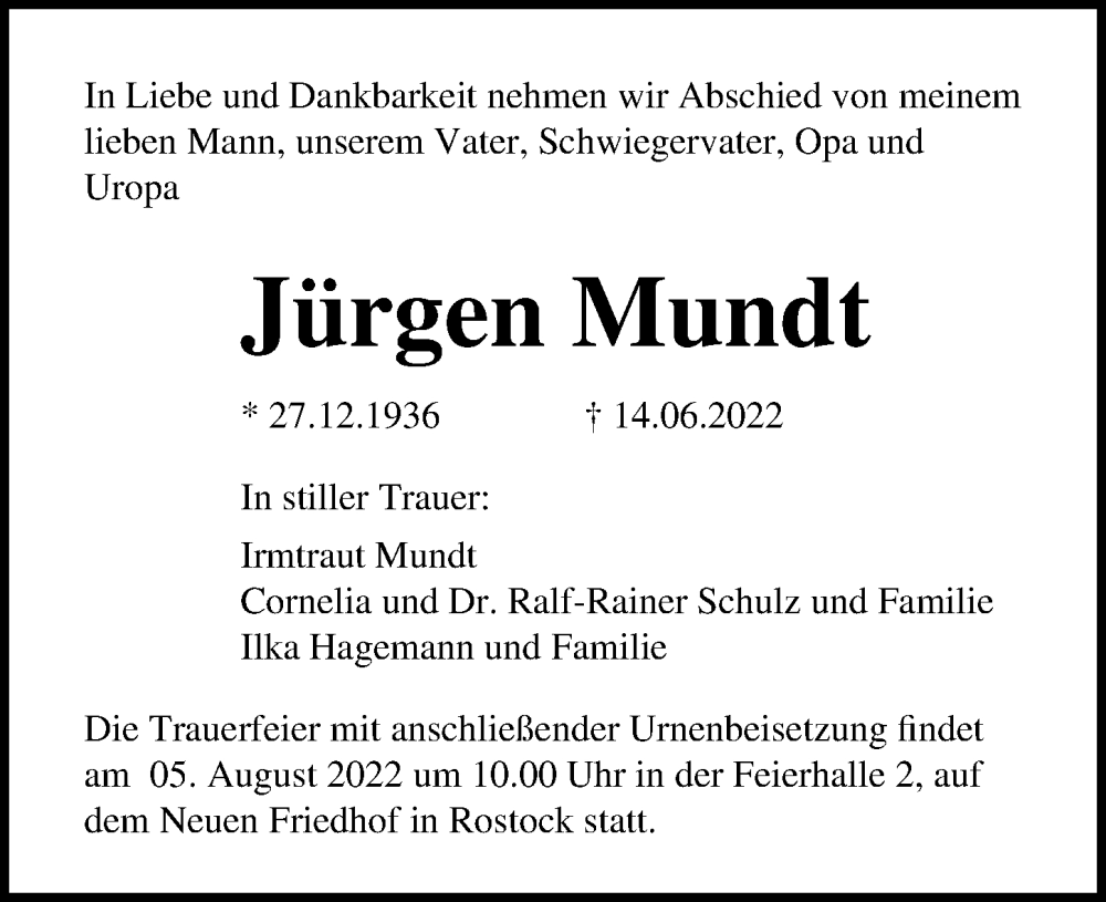  Traueranzeige für Jürgen Mundt vom 16.07.2022 aus Ostsee-Zeitung GmbH