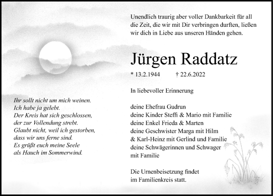 Traueranzeige von Jürgen Raddatz von Ostsee-Zeitung GmbH