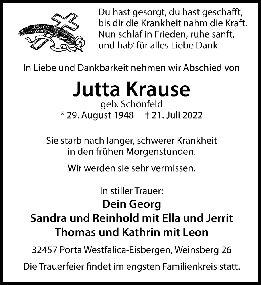  Traueranzeige für Jutta Krause vom 23.07.2022 aus Schaumburger Nachrichten