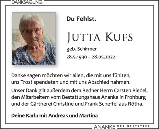 Traueranzeige von Jutta Kufs von Leipziger Volkszeitung