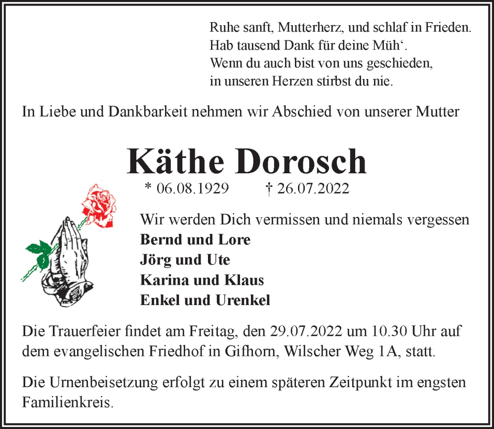  Traueranzeige für Käthe Dorosch vom 28.07.2022 aus Aller Zeitung