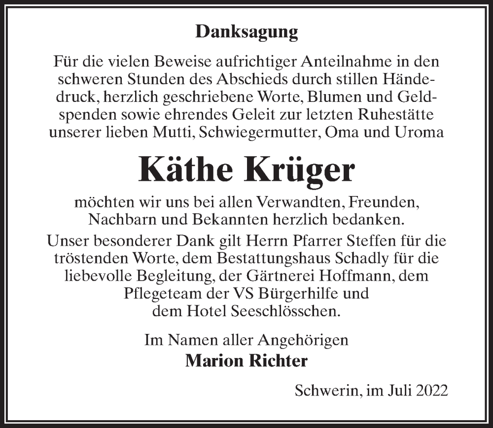  Traueranzeige für Käthe Krüger vom 09.07.2022 aus Märkischen Allgemeine Zeitung